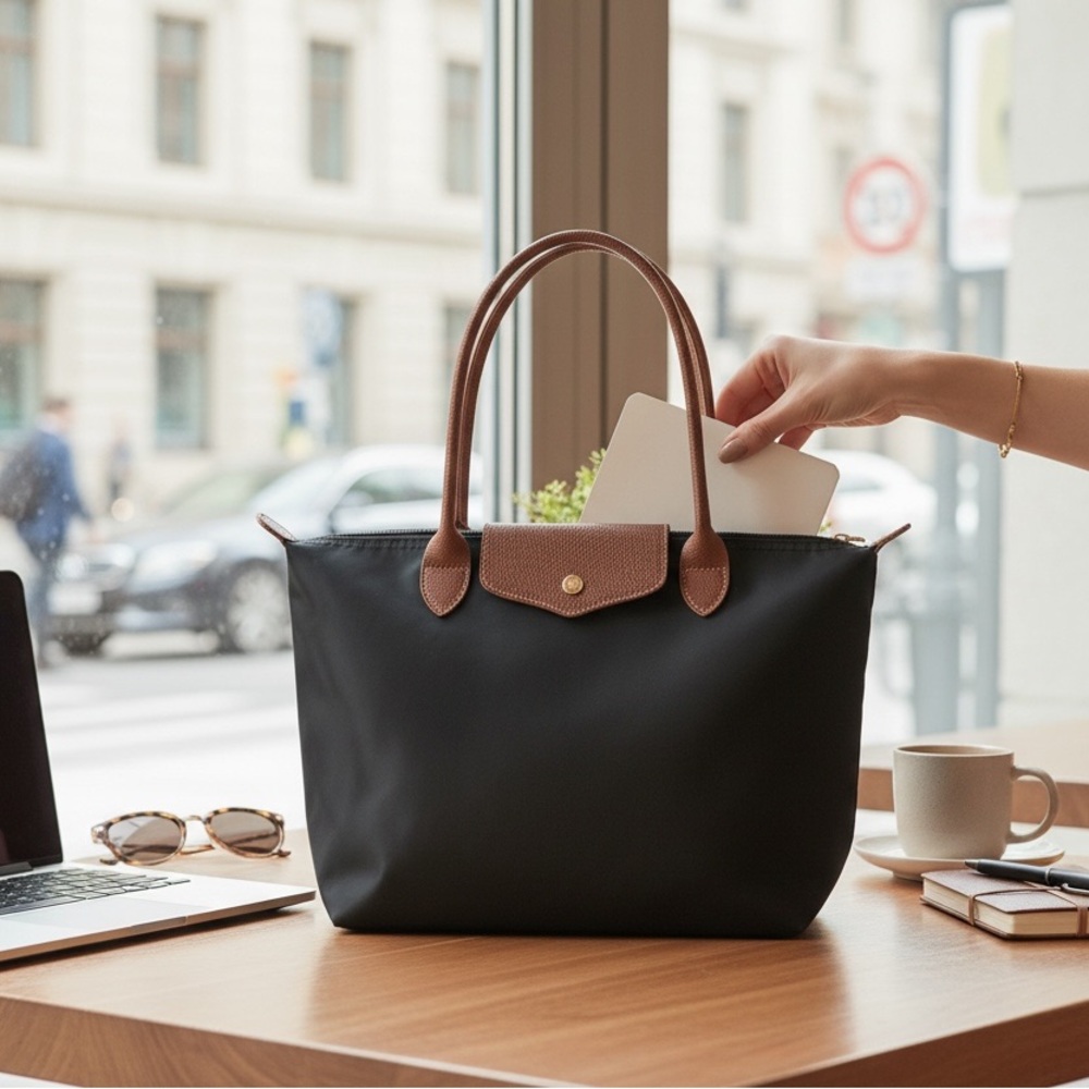Nylon Tote Bag Black Brown | Minimalist Quiet Luxury Everyday Work Bag . - Picture 4 of 8